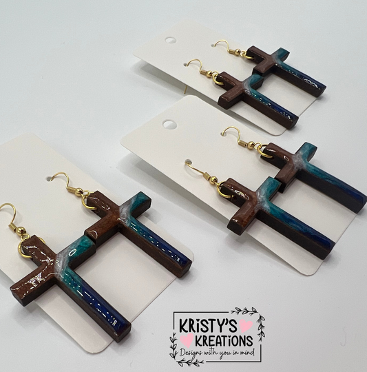 "Mightier Than The Waves" Wood Cross Earrings