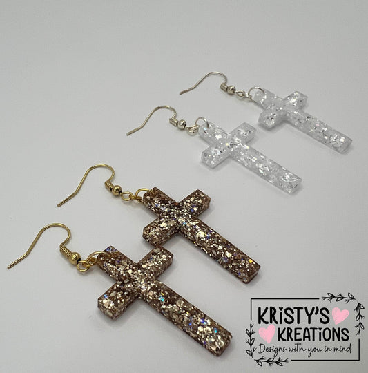 Silver or Gold Glitter Cross Earrings