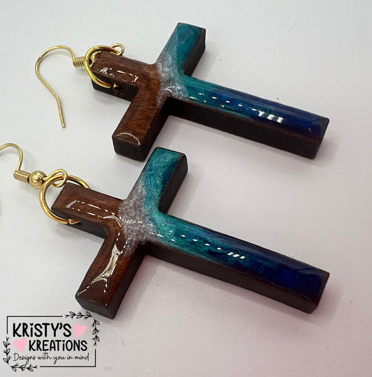 Mightier Than The Waves Wood Cross Earrings