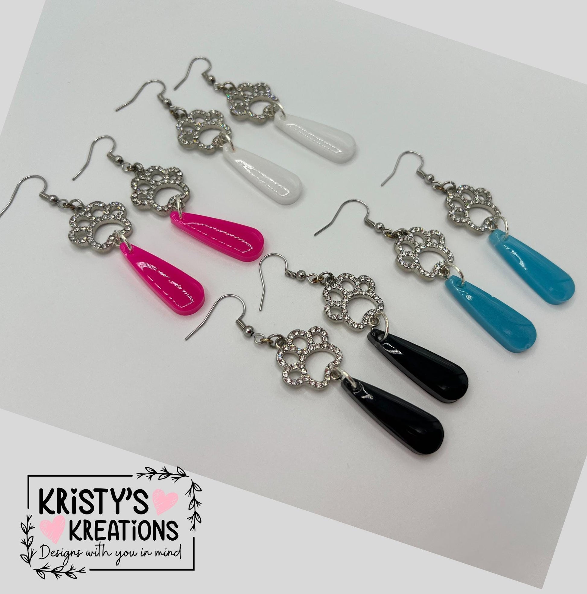 Rhinestone Dog Paw Dangle Earrings