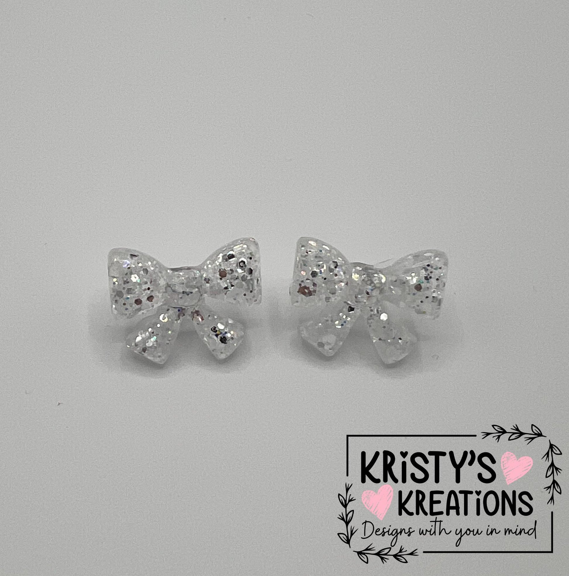 Glitter Bow Stud Earrings: Silver or Gold, Nickel-Free Posts