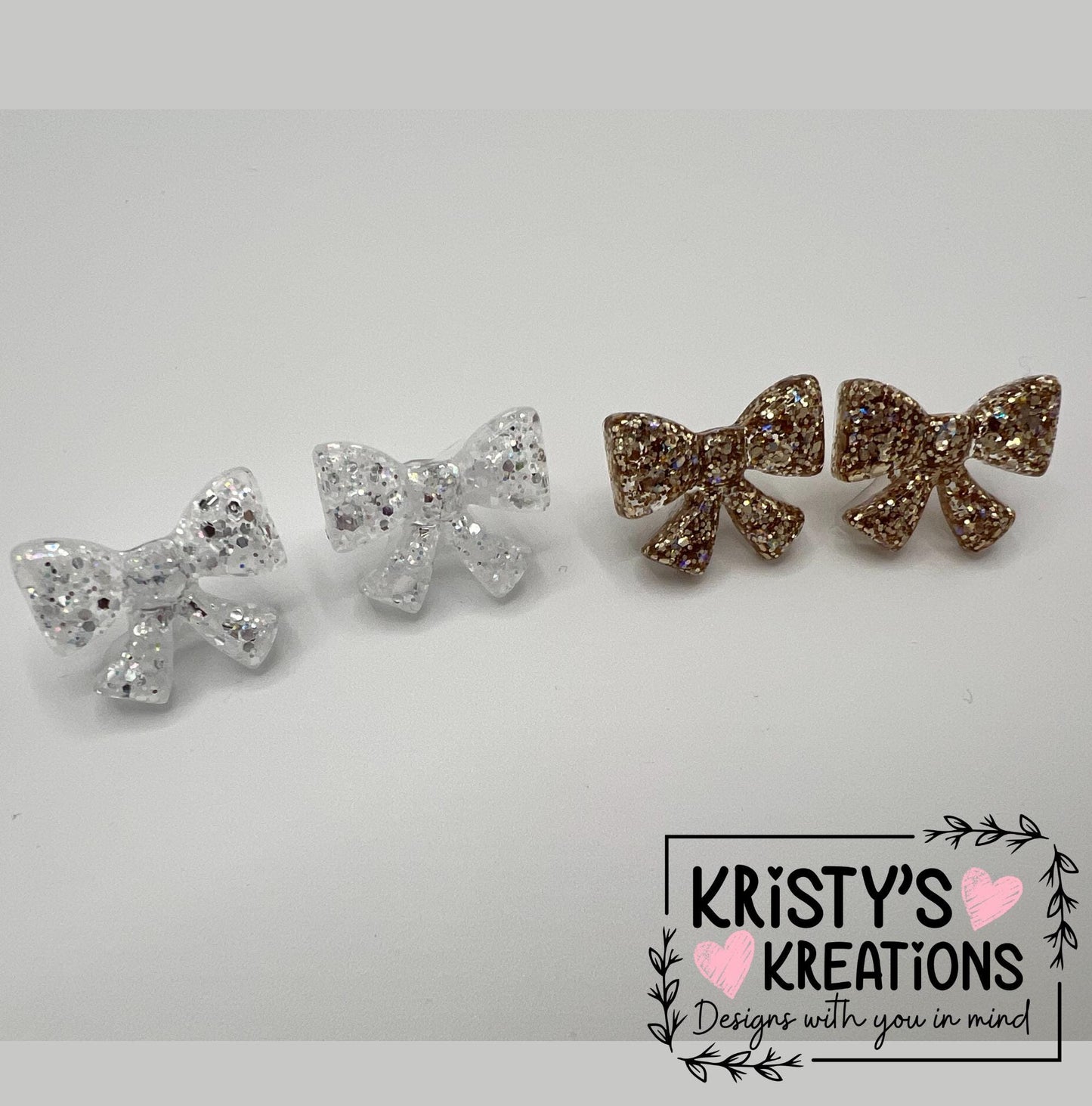Glitter Bow Stud Earrings: Silver or Gold, Nickel-Free Posts