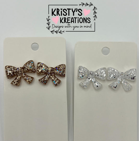 Glitter Bow Stud Earrings: Silver or Gold, Nickel-Free Posts