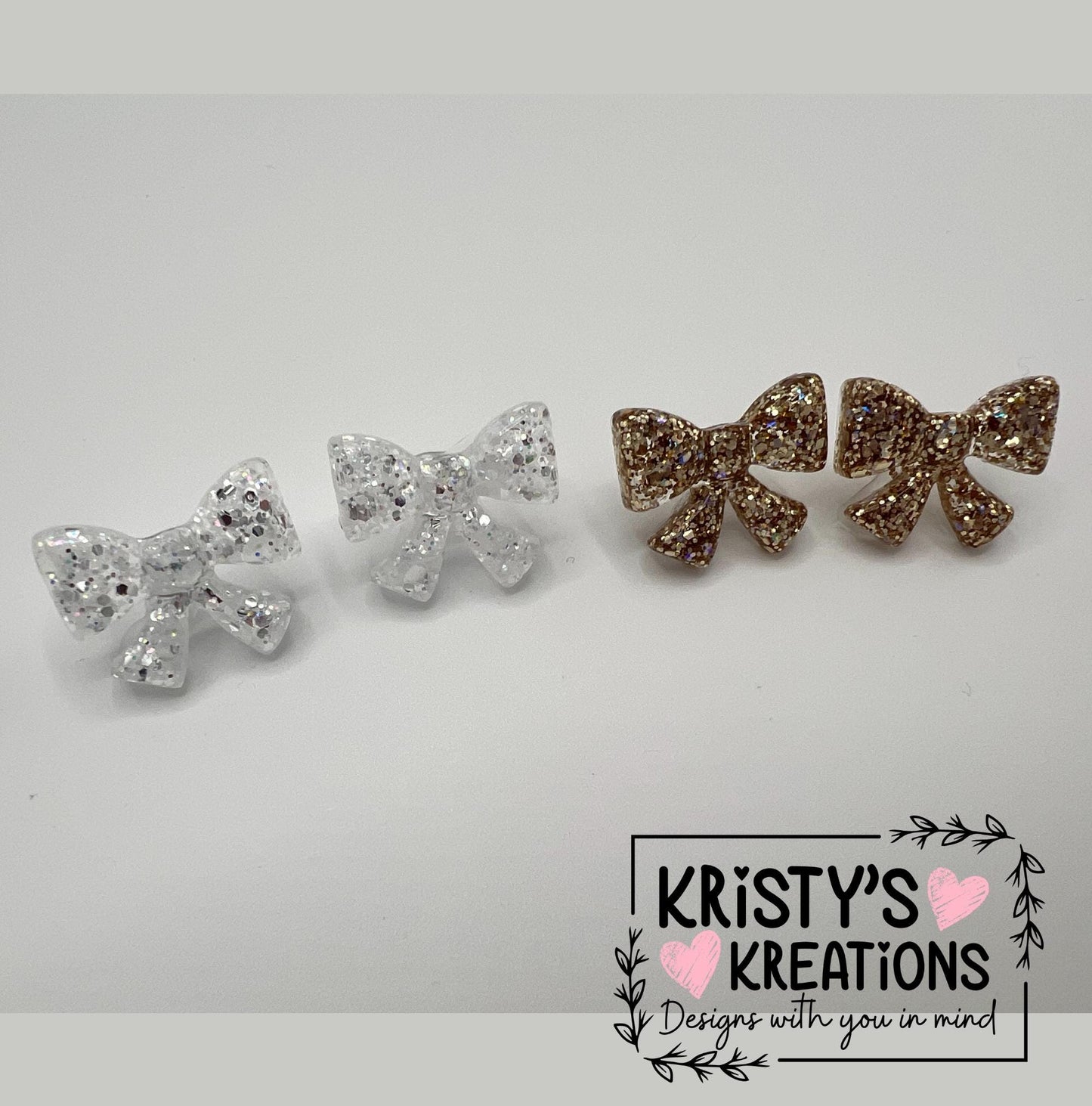Glitter Bow Stud Earrings: Silver or Gold, Nickel-Free Posts