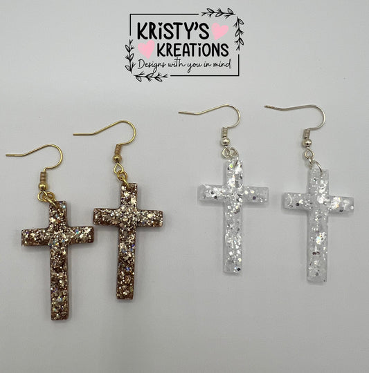 Silver or Gold Glitter Cross Earrings